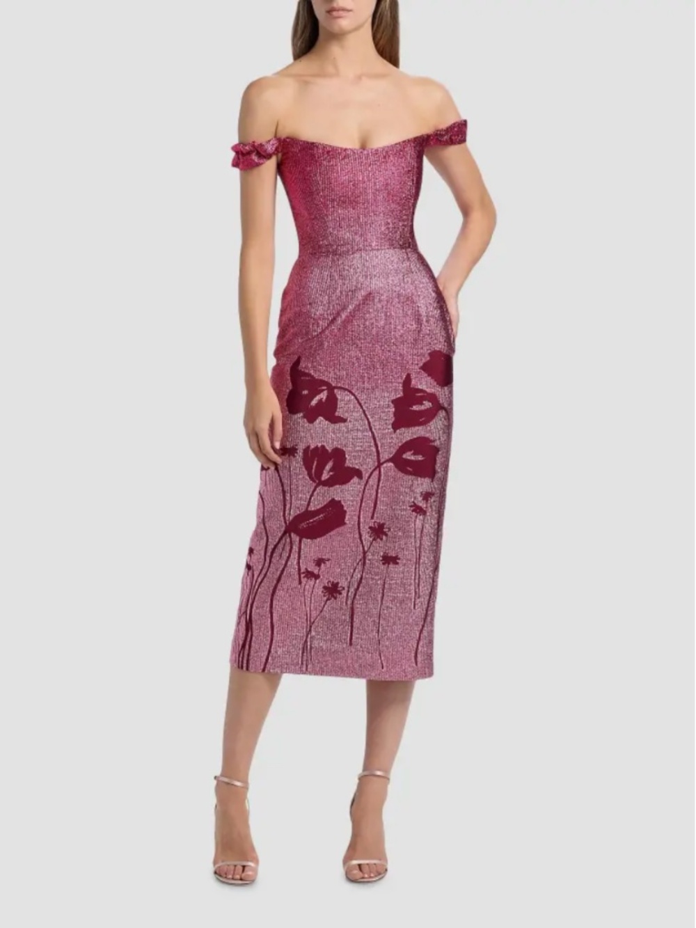 Markarian Amina Floral Metallic Ombré Off-The-Shoulder Midi-Dress